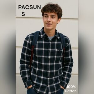 Pacsun Men's Black Blue White Checkered Flannel Shirt Size S 100% Cotton